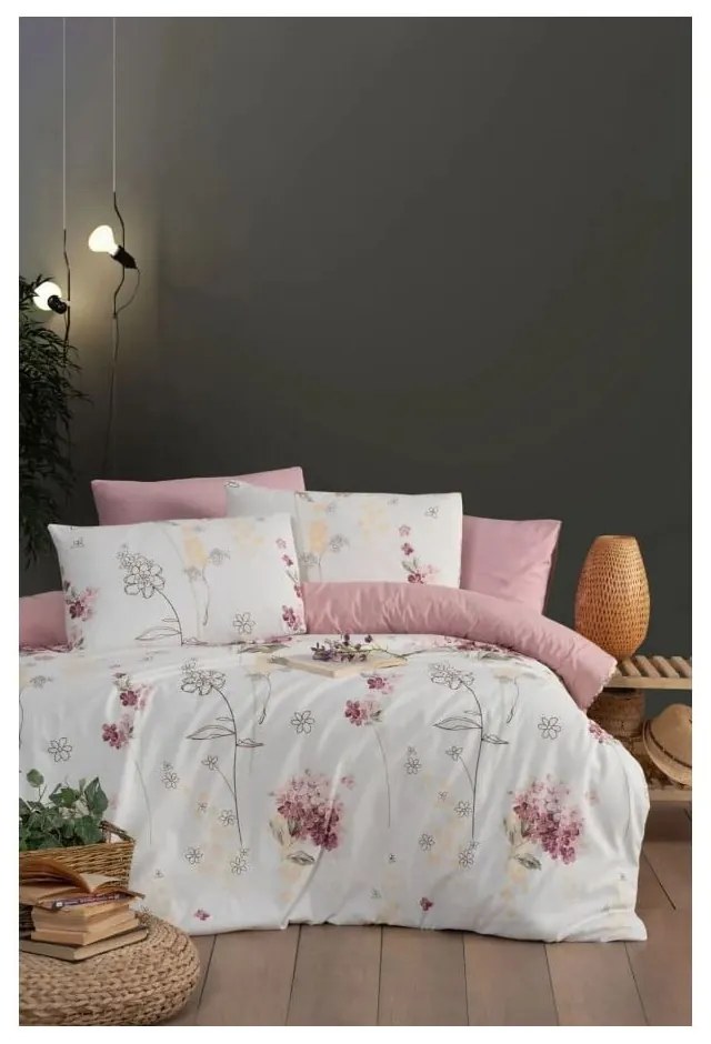 Bielo-ružové 3-dielne predĺžené obliečky na jednolôžko s plachtou 160x220 cm Floral – Mila Home
