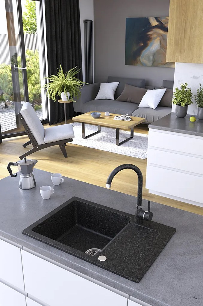 Kuchinox Celebes, 1-komorový granitový drez 650x440x185mm s krátkym odkvapkávačom, čierna, LAV-SBL_713T