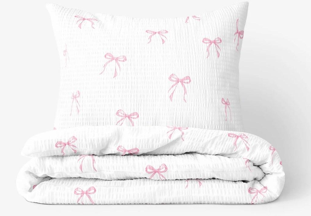 Goldea krepové posteľné obliečky - ružové mašličky 140 x 200 a 70 x 90 cm
