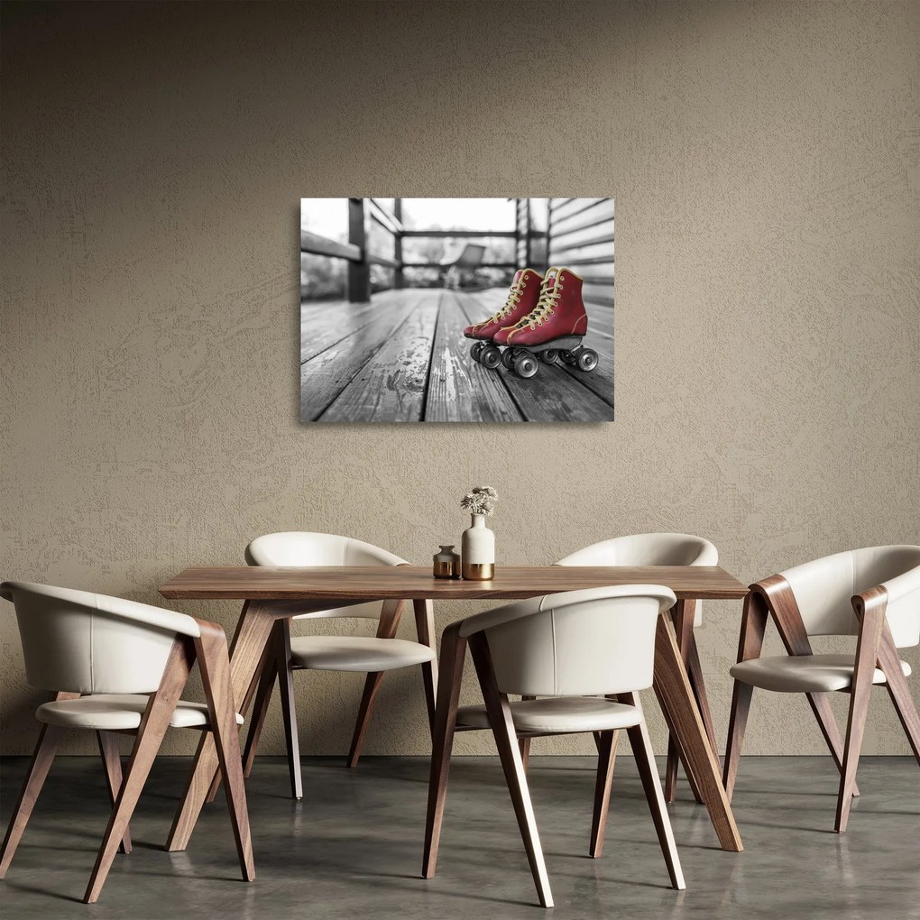 Sklenený obraz červených starých kolieskových topánok (70x50 cm)