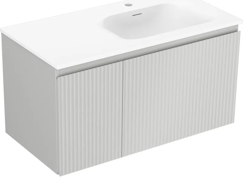 Mexen Rivel, kúpeľňová skrinka 90 cm s pravým umývadlom Vela, 1S, 1D, drážkovaná, sivá matná/biela matná - 91A23-09047-3-BBFF62-W23P01