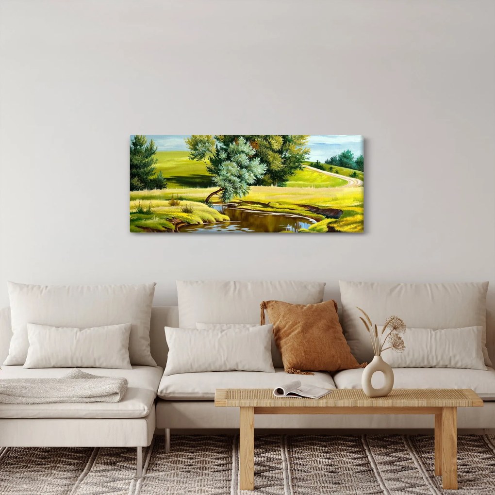Obraz - Rieka medzi lúkami, olejomaľba (120x50 cm)