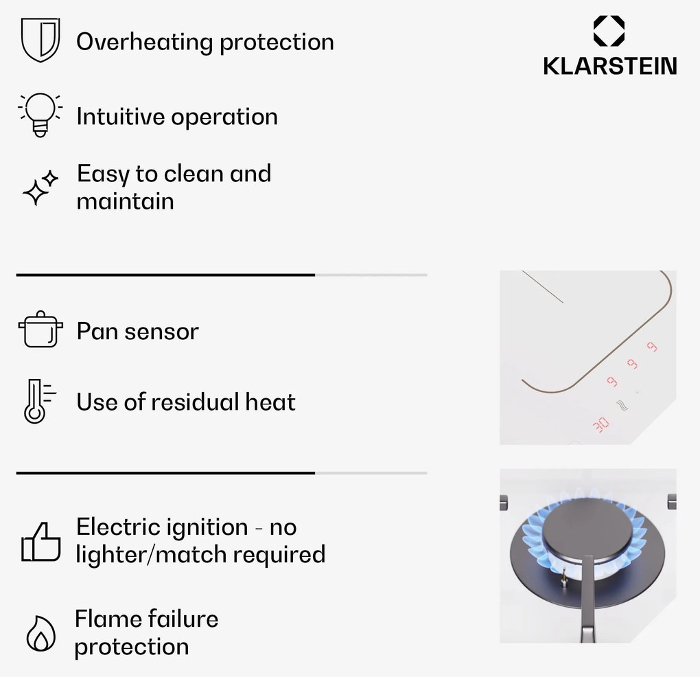 Klarstein MultiChef 4, indukčná a plynová varná doska, 4 varné zóny, 2 plynové horáky, 2 indukčné varné dosky, FlexZone