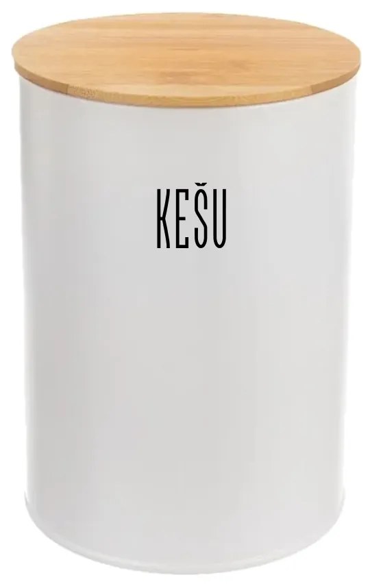 Dóza na potraviny, plechová, biela, s bambusovým vrchnákom - 1,3l