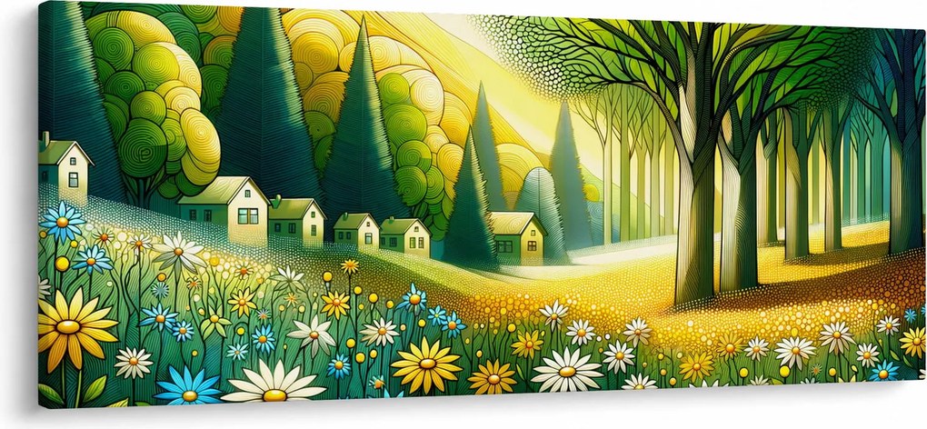 Obraz - Dedina v žlto-zelenej (120x50 cm)