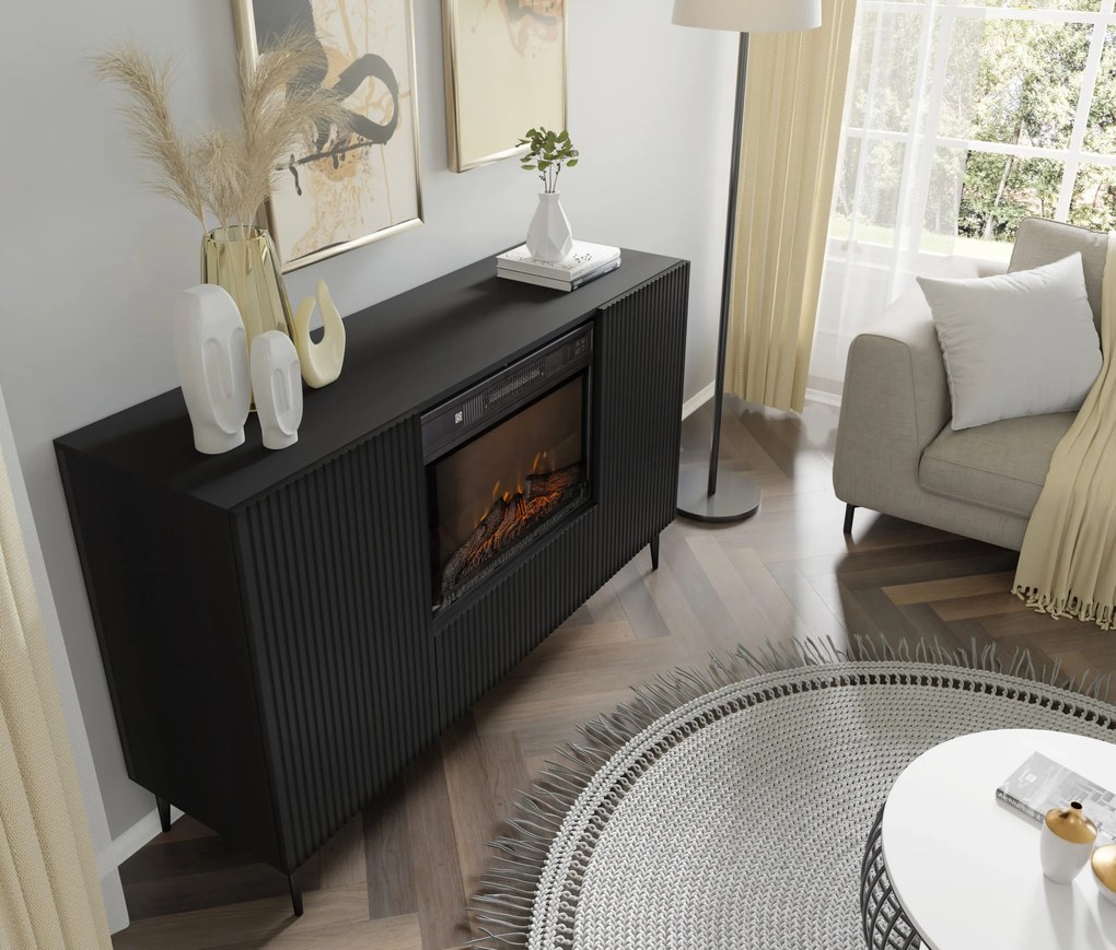 Komoda s elektrickým krbom 2D1K Rowanna (čierna). Akcia -20%. Vlastná spoľahlivá doprava až k Vám domov. 1124992