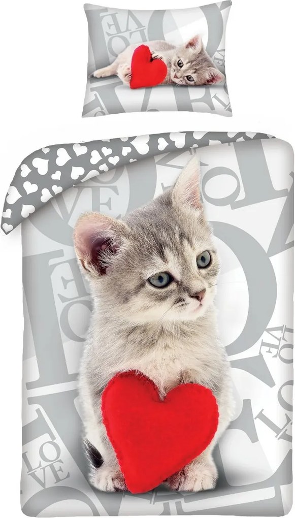 Halantex Detské bavlnené obliečky Love Cat, 140 x 200 cm, 70 x 90 cm