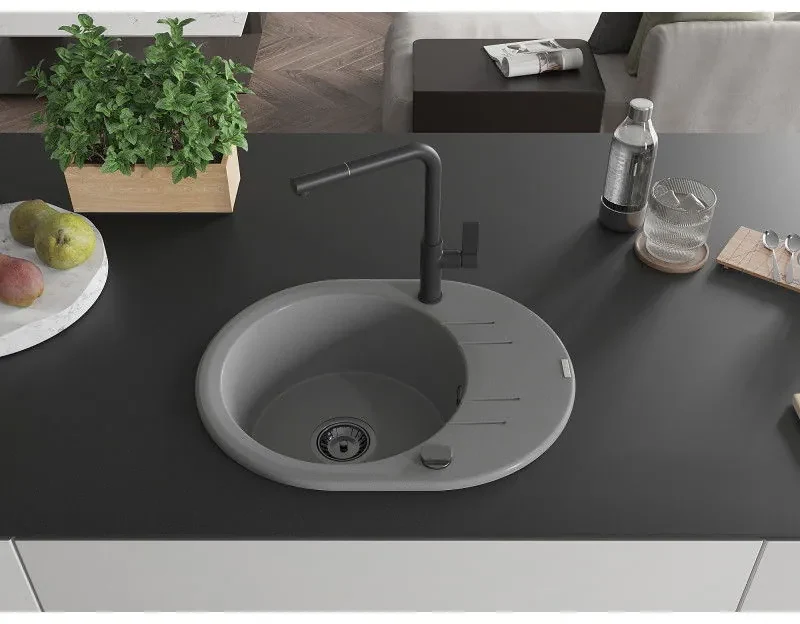 Mexen Kevin, 1-komorový granitový drez 586x458x190 mm a drezová batéria Flora, šedá, 6517-71-670401-70-B