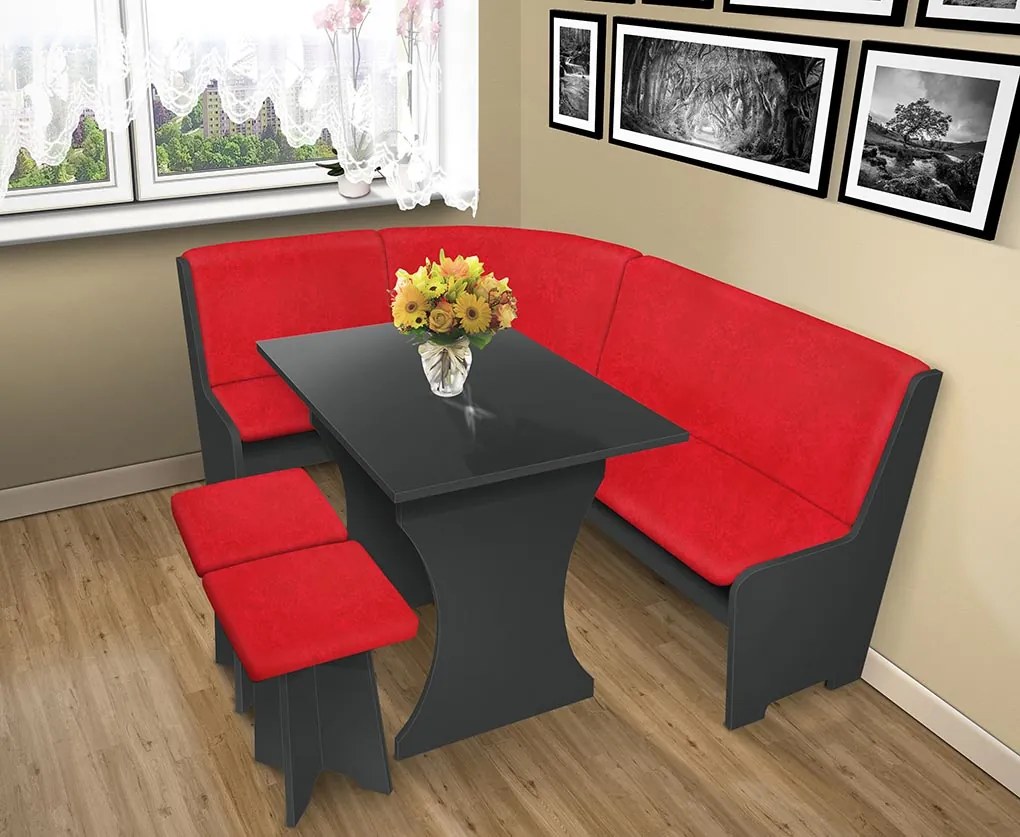 Nabytekmorava Jedálenská rohová lavica sa štokrlemi a stolom farba lamina: agát (akát), čalúnenie vo farbe: Alova červená