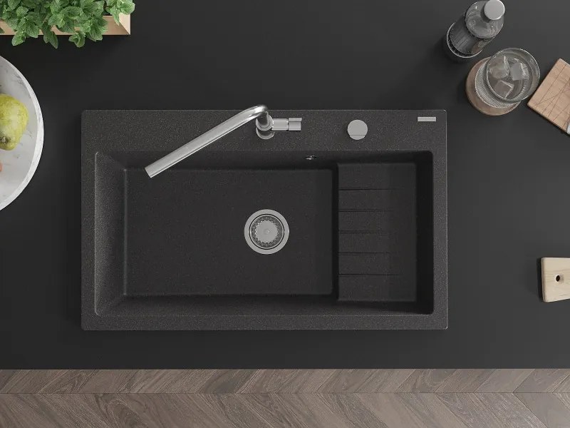 Mexen Omar žulový drez s 1 komorou 800 x 480 mm, čierno škvrnitý, sifón chróm - 6520801005-76