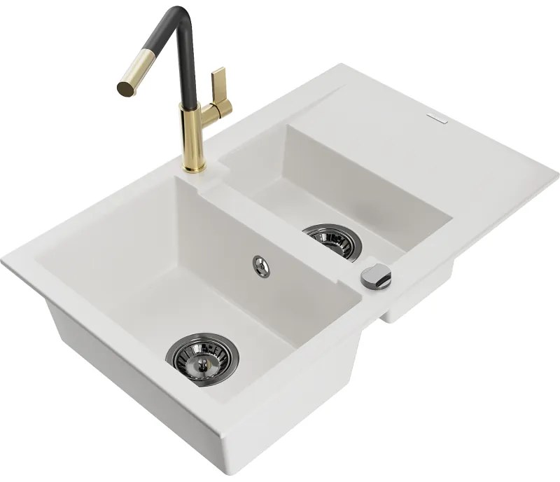 Mexen Gaspar, 1,5-komorový granitový drez 737x475x177 mm a drezová batéria Flora, biela, 6507-20-670401-57-B