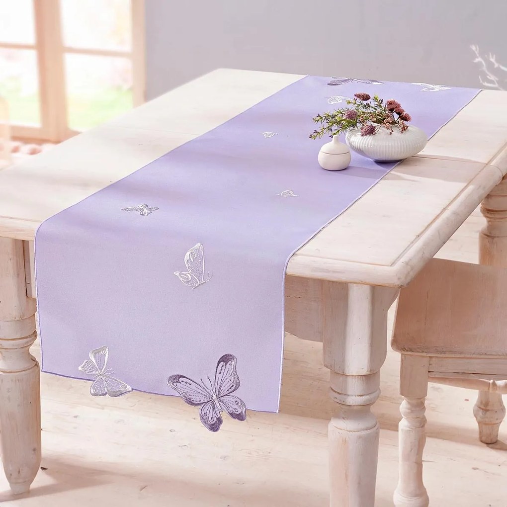 Weltbild Behúň na stôl Violet s motýľmi, 140 x 40 cm