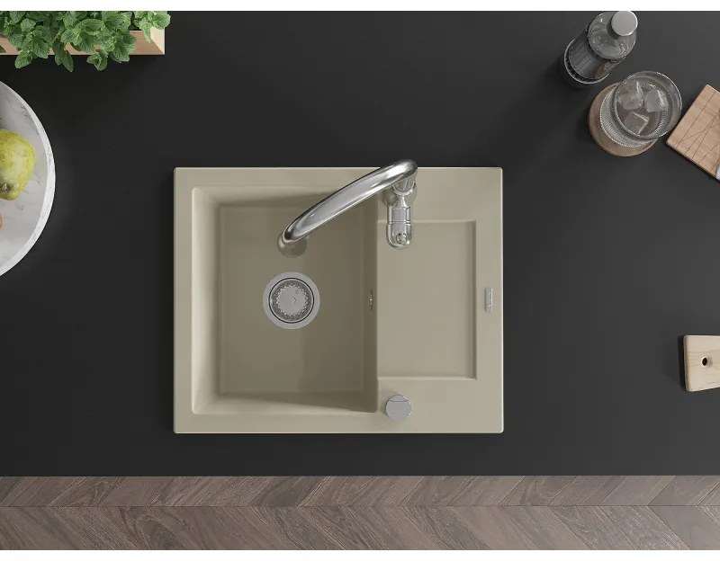 Mexen Enzo, 1-komorový granitový drez 576x465x174 mm a drezová batéria Savita, béžová, 6506-69-672601-00