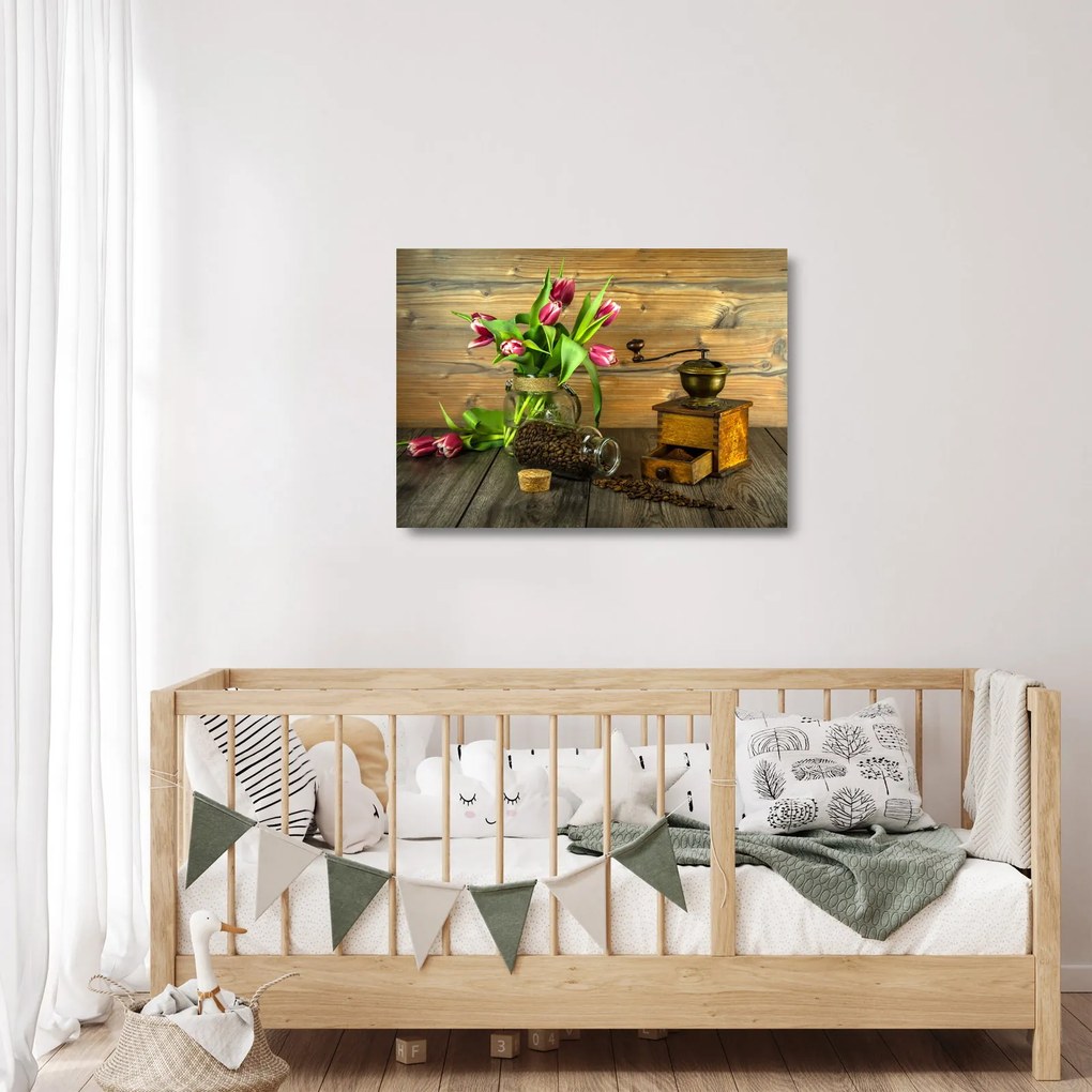 Sklenený obraz - tulipány, mlynček a káva (70x50 cm)