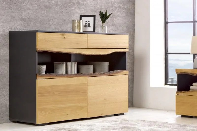 Nemecko - Moderný príborník DIVOKÝ DUB 120 cm matná šedá s prednou časťou z dubu