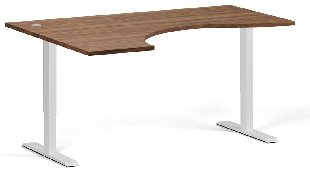 Ergonomický výškovo nastaviteľný stôl, 160x120 cm, 2 motory, L/P, biela podnož, orech