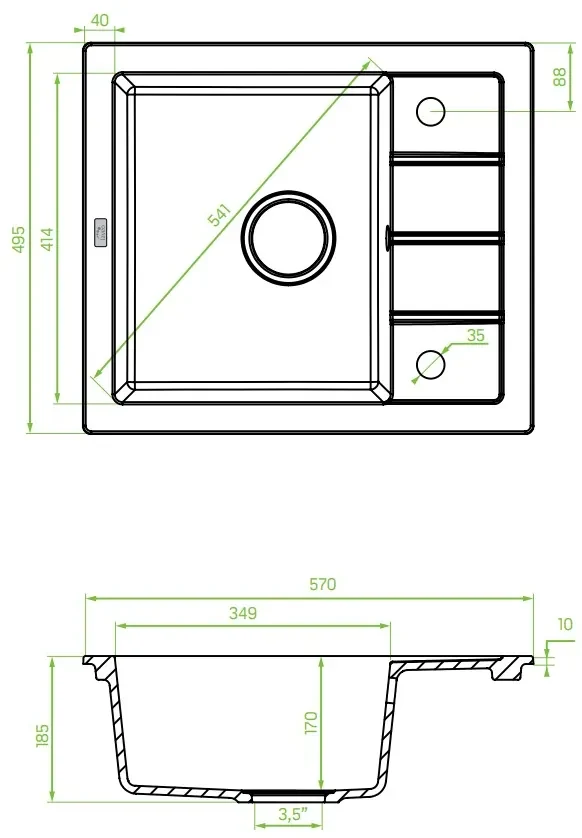 Laveo Trzynastka, 1-komorový granitový drez 570x495x185 mm, čierna škvrnitá, LAV-SBP_713T