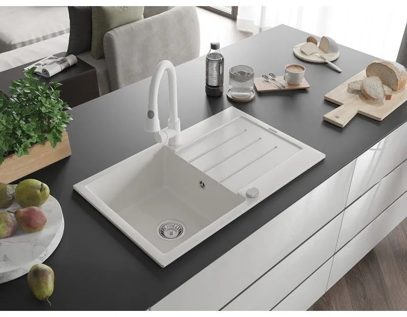 Mexen Bruno, 1-komorový granitový drez 795x495x200 mm a drezová batéria Elia, biela, 6513-20-670101-20