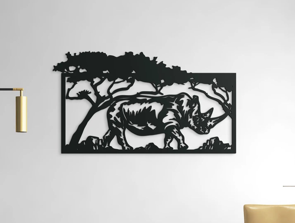 drevko Drevený obraz Nosorožec v savane Rozmer obrazu: 25 x 44,5 cm, Farba dekorácie: Čierna