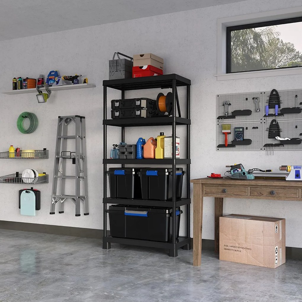 Plastový regál, 5 políc, 180x90x45 cm + plastové boxy Scuba M a Scuba L