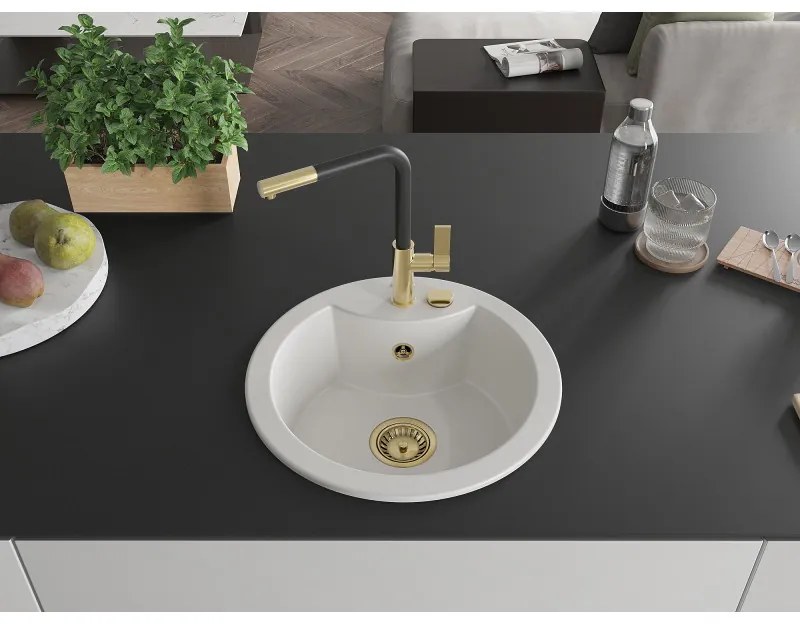 Mexen Diego, 1-komorový granitový drez 488x488x167 mm a drezová batéria Flora, biela, 6512-20-670401-57-G