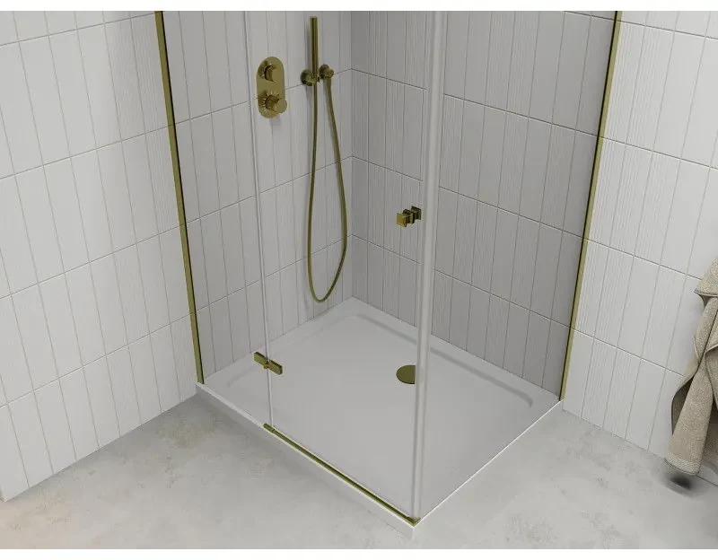 Mexen Roma, sprchovací kút 120 (dvere) x 70 (stena) cm, 6mm číre sklo, zlatý profil + slim sprchová vanička 5cm, 854-120-070-50-00-4010
