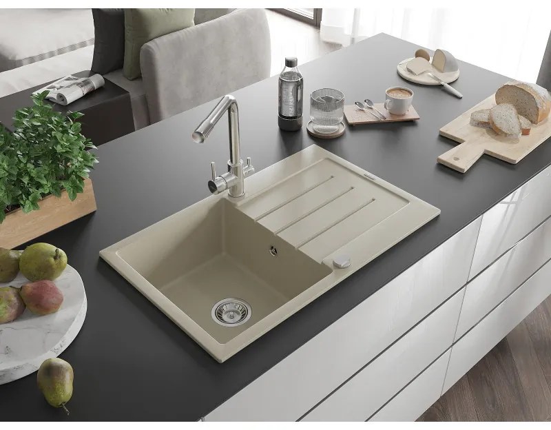Mexen Bruno, 1-komorový granitový drez s odkvapkávačom 795x495x200 mm a chrómová batéria Duero, béžová, 6513-69-671600-00