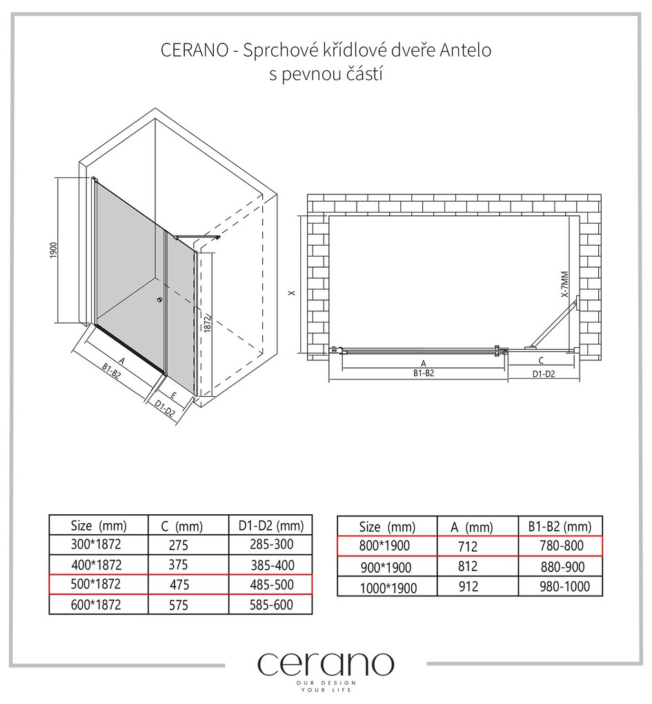 Cerano Antelo, 1-krídlové sprchové dvere s pevnou časťou 80(dvere) x 50(stena) x 190 cm, 6mm číre sklo, chrómový profil, CER-CER-435836