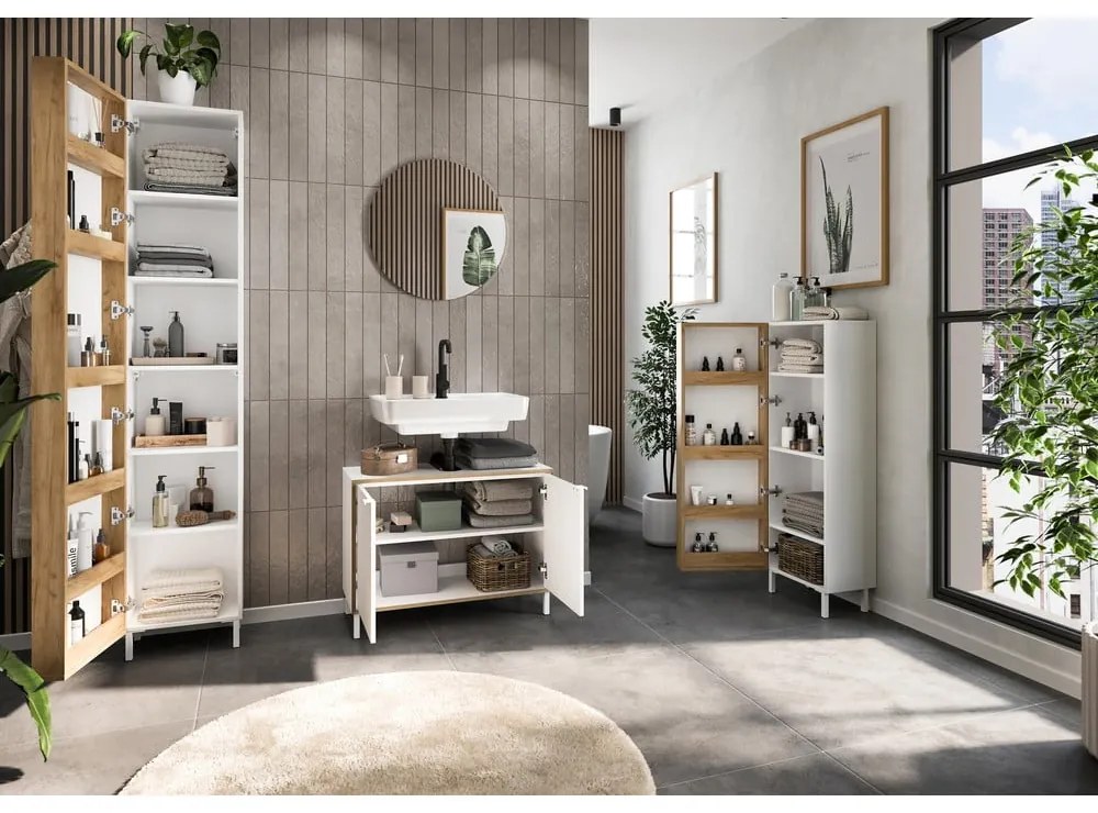 Biela vysoká/úzka kúpeľňová skrinka 39x195 cm Topeka – Germania