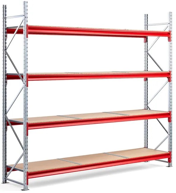 Skladový regál TOUGH, základná sekcia, 2500x2800x600 mm, 4 drevené police