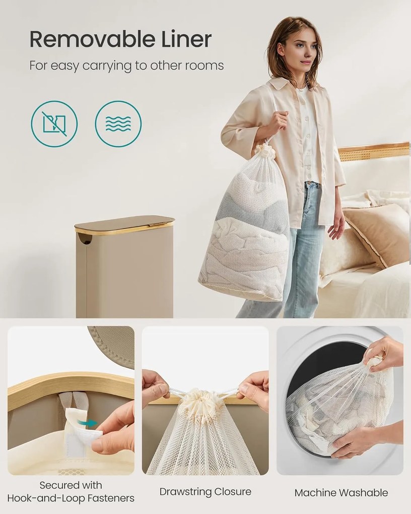 Kôš na prádlo s viečkom, úzky úložný kôš na prádlo, 65 L, 42 x 22,5 x 70,5 cm, Tehlovo hnedá