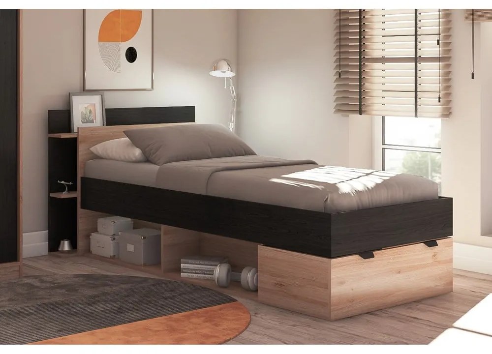Jednolôžková posteľ v dekore duba s úložným priestorom bez roštu v čierno-prírodnej farbe 90x200 cm Albo – Marckeric