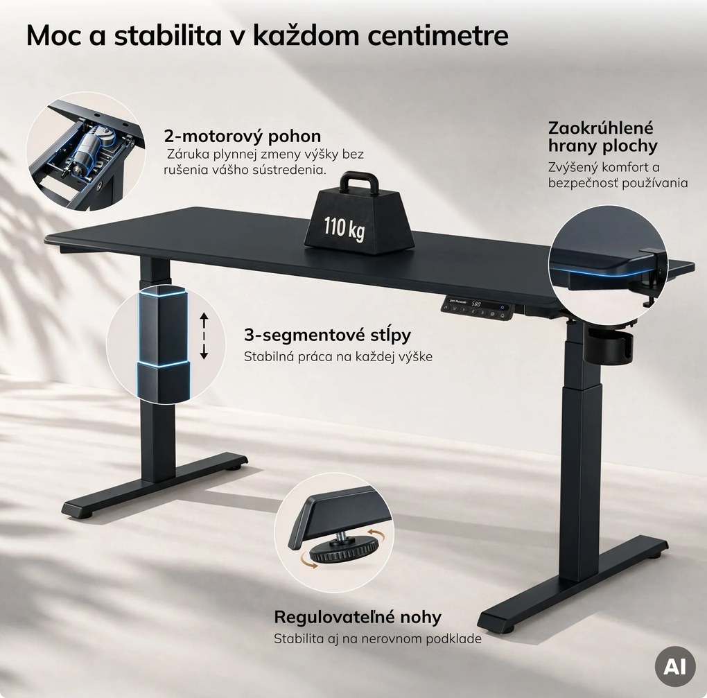 Elektrický stôl s reguláciou výšky ergonomický antracitový,1600x800 mm: ARIA