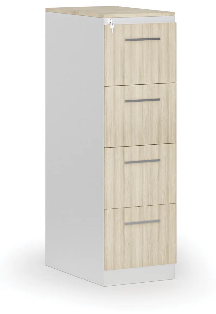 Kovová zásuvková kartotéka PRIMO s drevenými čelami A4, 4 zásuvky, biela/dub prírodná