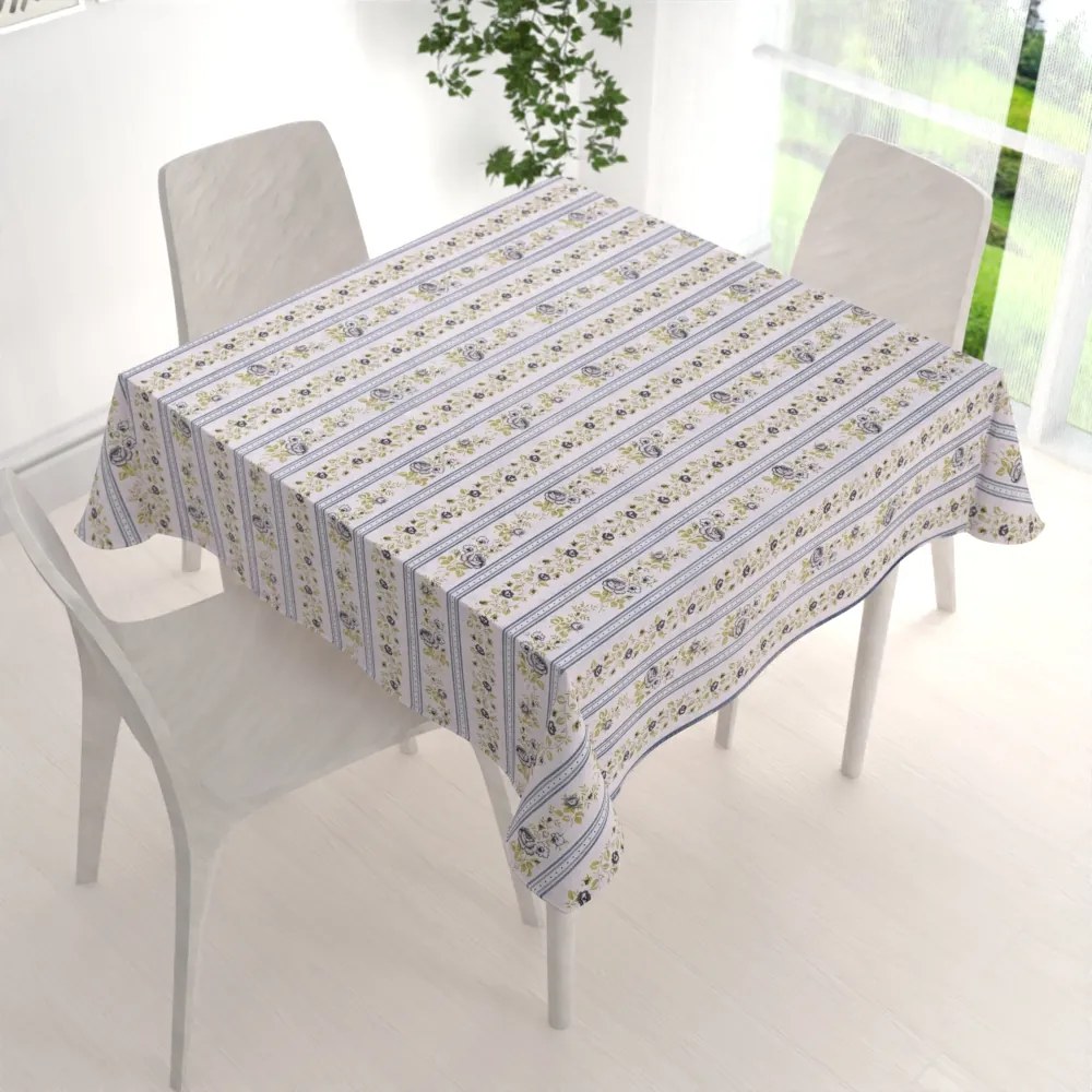 Biante Bavlnený štvorcový obrus Sandra SA-348 Sivé popínavé kvety a modré pruhy 110x110 cm