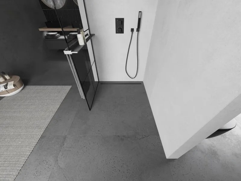 Mexen Kioto+ L, sprchová zástena Walk-In s poličkou a vešiakom 70 x 200 cm, 8mm číre sklo čierny vzor, grafitový profil, 800-070-123-95-77