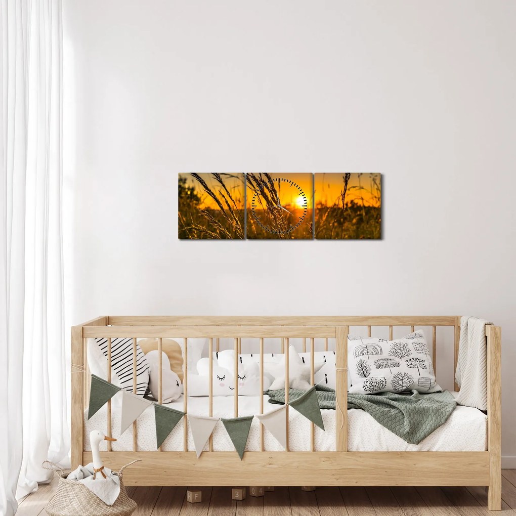 Obraz pole pri západe slnka (s hodinami) (90x30 cm)