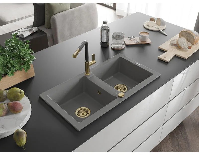Mexen Mario, 2-komorový granitový drez 820x436x161 mm a drezová batéria Flora, šedá, 6504-71-670401-57-G