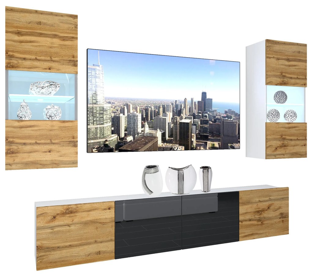 Obývacia stena Belini Premium Full Version dub wotan / čierny lesk + LED osvetlenie Nexum 109