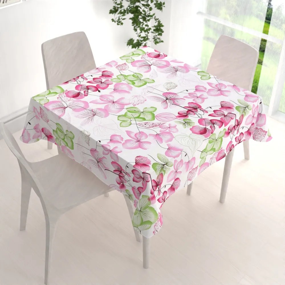 Biante Bavlnený štvorcový obrus Sandra SA-366 Ružovo-zelené kvety na bielom 80x80 cm