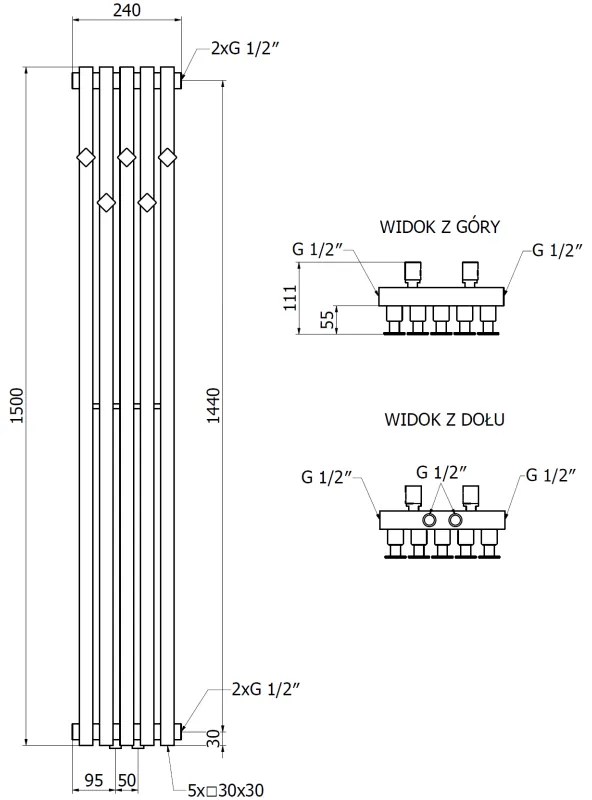 Mexen, Mexen Flux dekoratívny kúpeľňový radiátor 1500 x 240 mm, 450 W, antracit - W127-1500-240-00-66