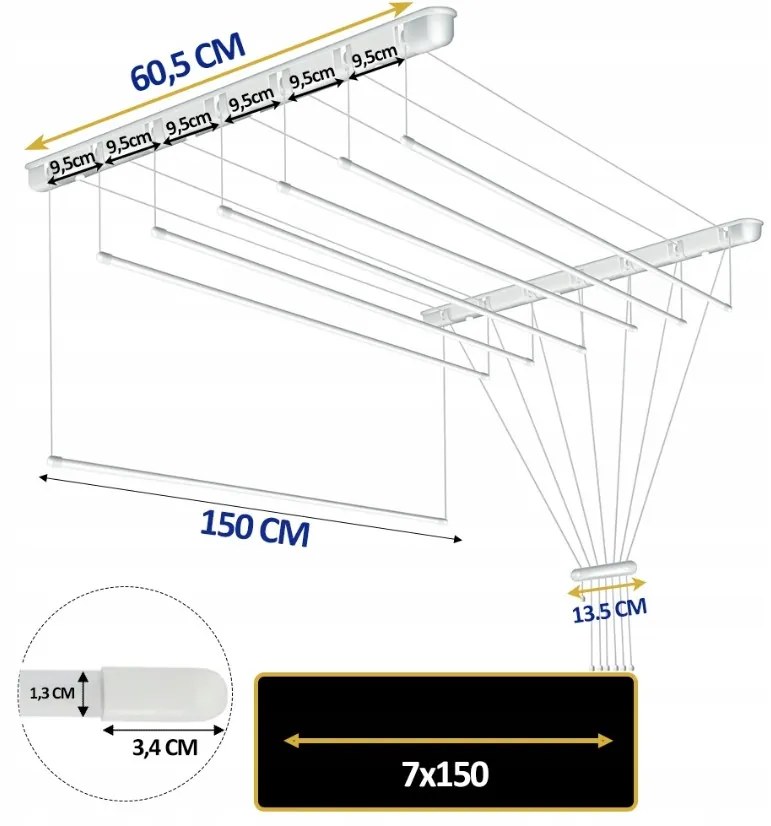 Erga Erga, stropný vešiak na sušenie bielizne 7x150 cm, biela, ERG-SEP-10SUSSUF1507P