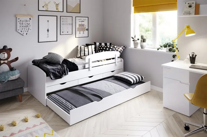Posteľ Nicole 01 so zásuvkami a výsuvnou prístelkou 90x200 biela