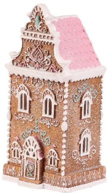 Vianočná dekorácia Perníková vežička s ružovou strechou, polyresin, LED, hnedá