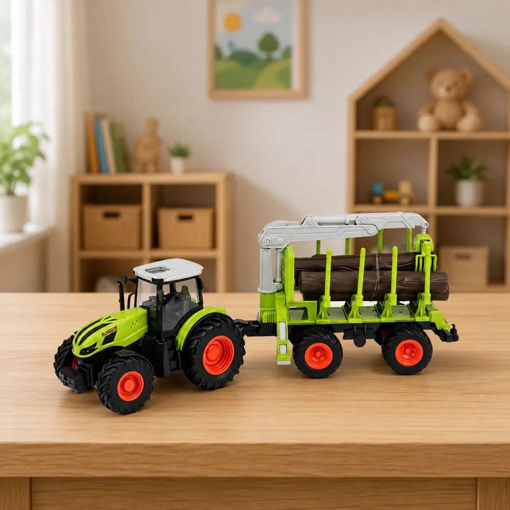 LEAN Toys Diaľkovo ovládaný traktor RC s lesným prívesom a drapákom na drevo v mierke 1:24