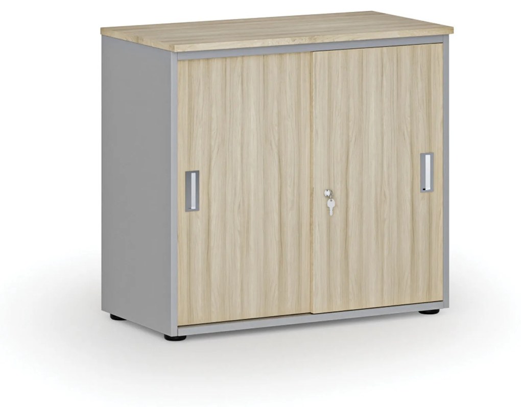 Kancelárska skriňa so zasúvacími dverami PRIMO GRAY, 740 x 800 x 420 mm, sivá/dub prírodný