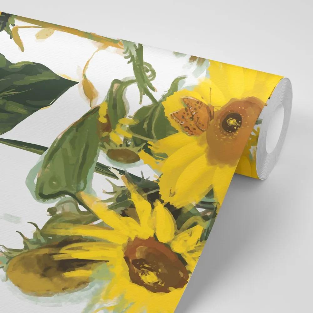 Samolepiaca tapeta rozkvitnuté slnečnice na bielom pozadí