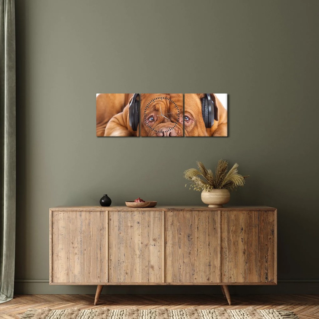 Obraz psa so slúchadlami (s hodinami) (90x30 cm)