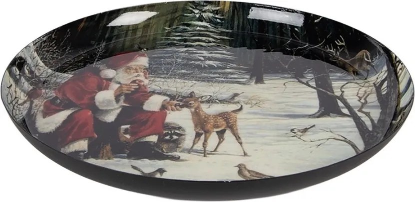 Čierny kovový podnos s motívom Santy v zasneženej krajine - Ø 28*3 cm