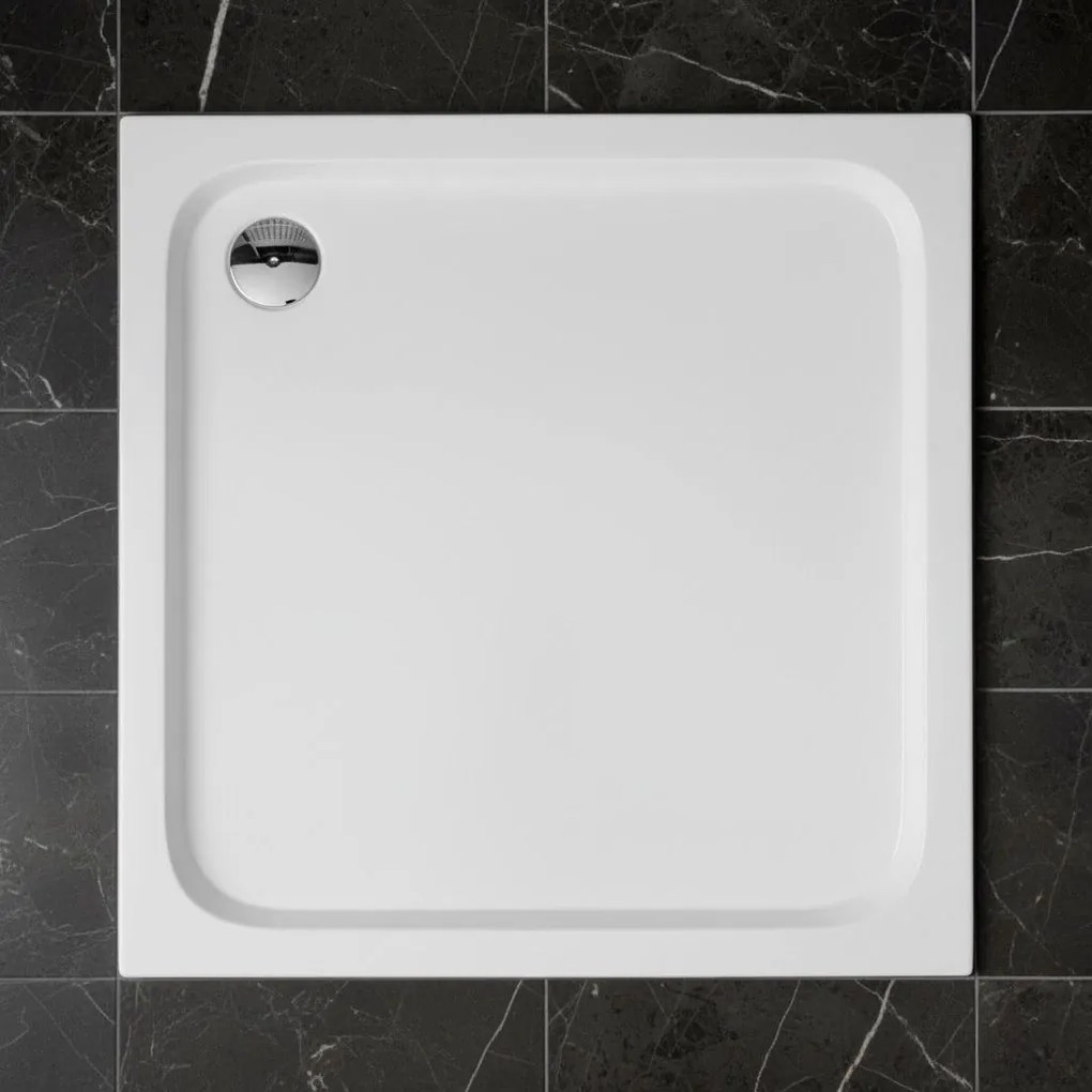 Štvorcová akrylátová sprchová vanička REA BELMOND 80x80 cm biela, krytka - chróm